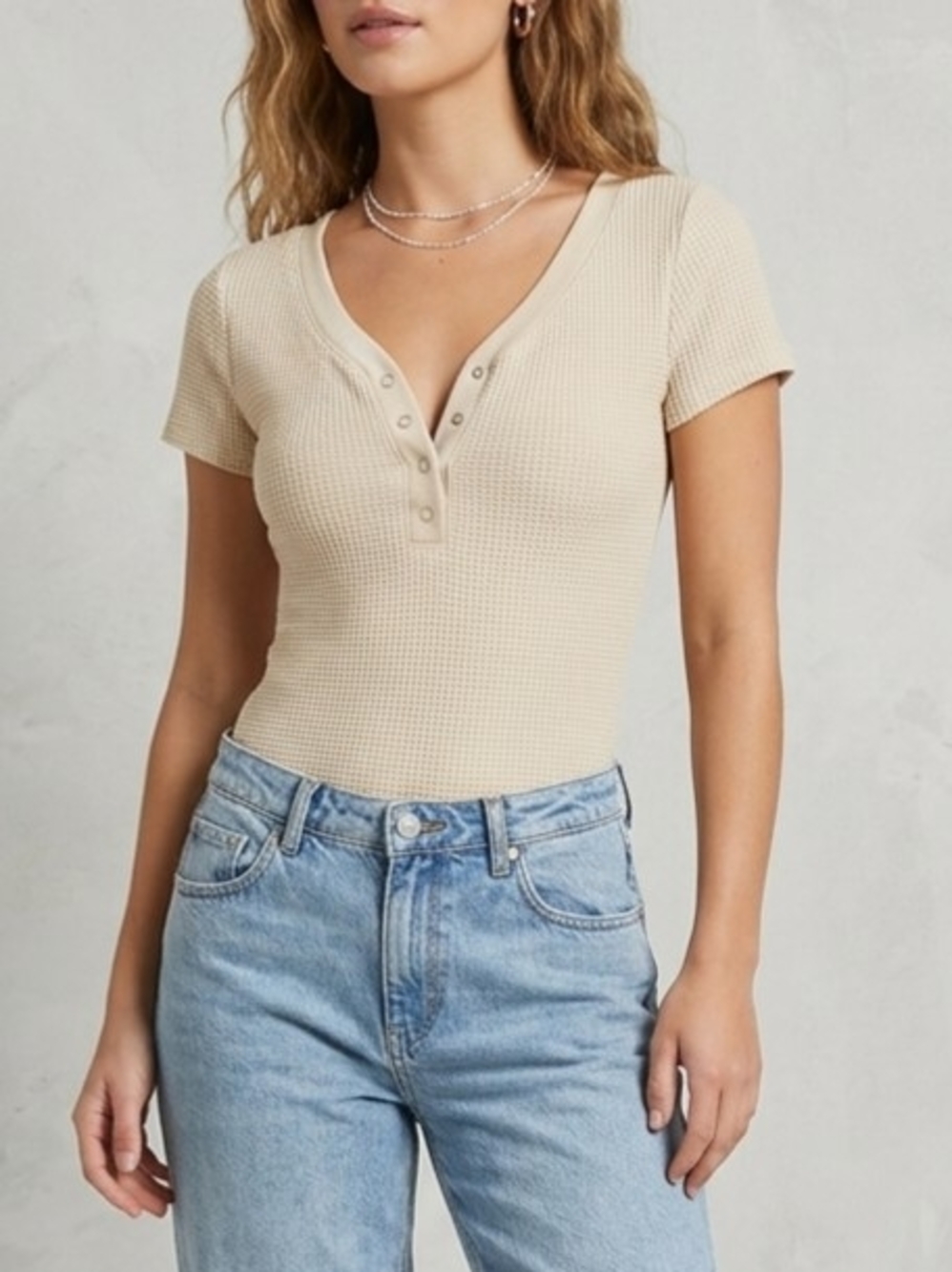 Forever 21 Beige Ribbed Henley Bodysuit